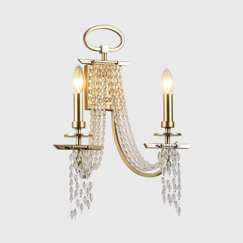 Rustic Candle Wall Mount Lamp 2 Lights Crystal Wall Sconce Lighting in Gold for Dining Room Clearhalo 'Wall Lamps & Sconces' 'Wall Lights' Lighting' 316975