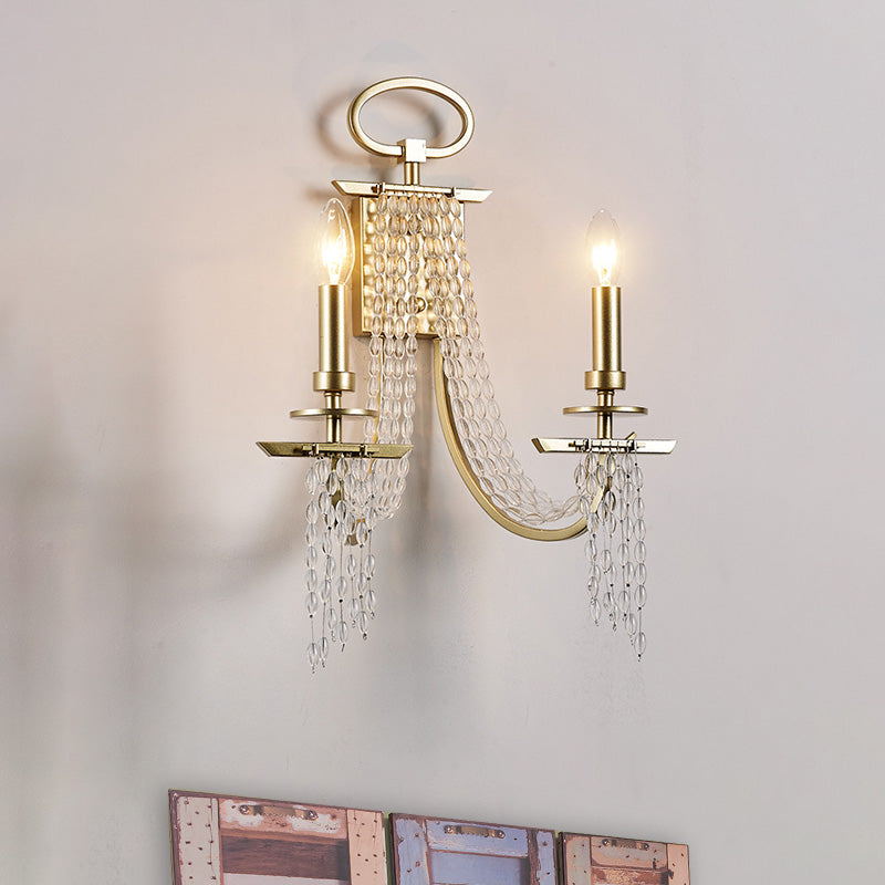 Rustic Candle Wall Mount Lamp 2 Lights Crystal Wall Sconce Lighting in Gold for Dining Room Clearhalo 'Wall Lamps & Sconces' 'Wall Lights' Lighting' 316976