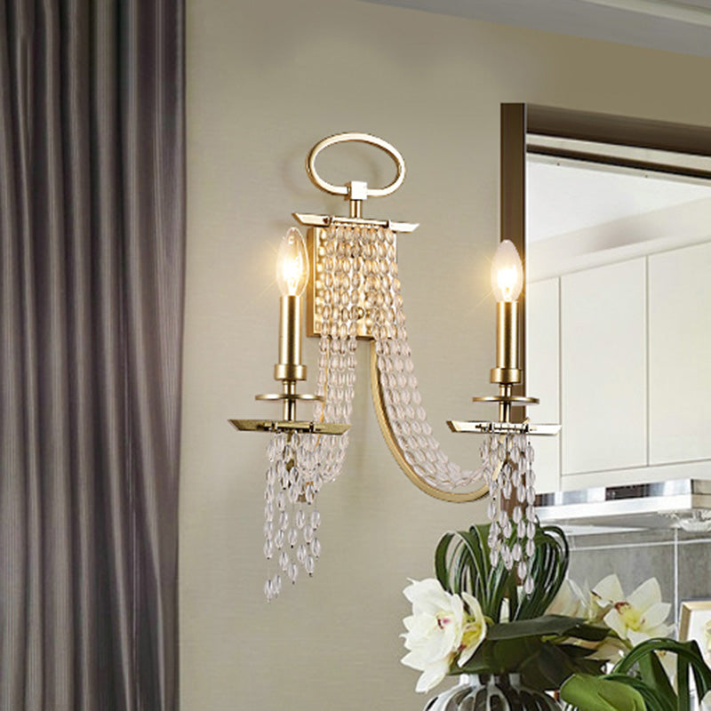 Rustic Candle Wall Mount Lamp 2 Lights Crystal Wall Sconce Lighting in Gold for Dining Room Gold Clearhalo 'Wall Lamps & Sconces' 'Wall Lights' Lighting' 316977