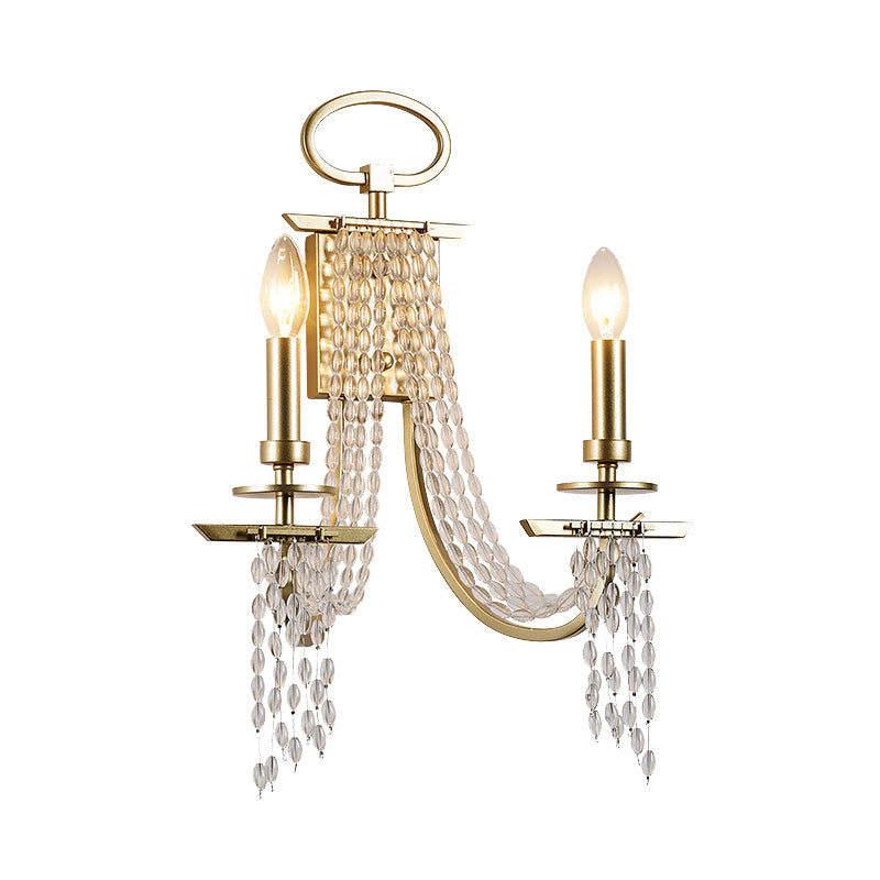 Rustic Candle Wall Mount Lamp 2 Lights Crystal Wall Sconce Lighting in Gold for Dining Room Clearhalo 'Wall Lamps & Sconces' 'Wall Lights' Lighting' 316978