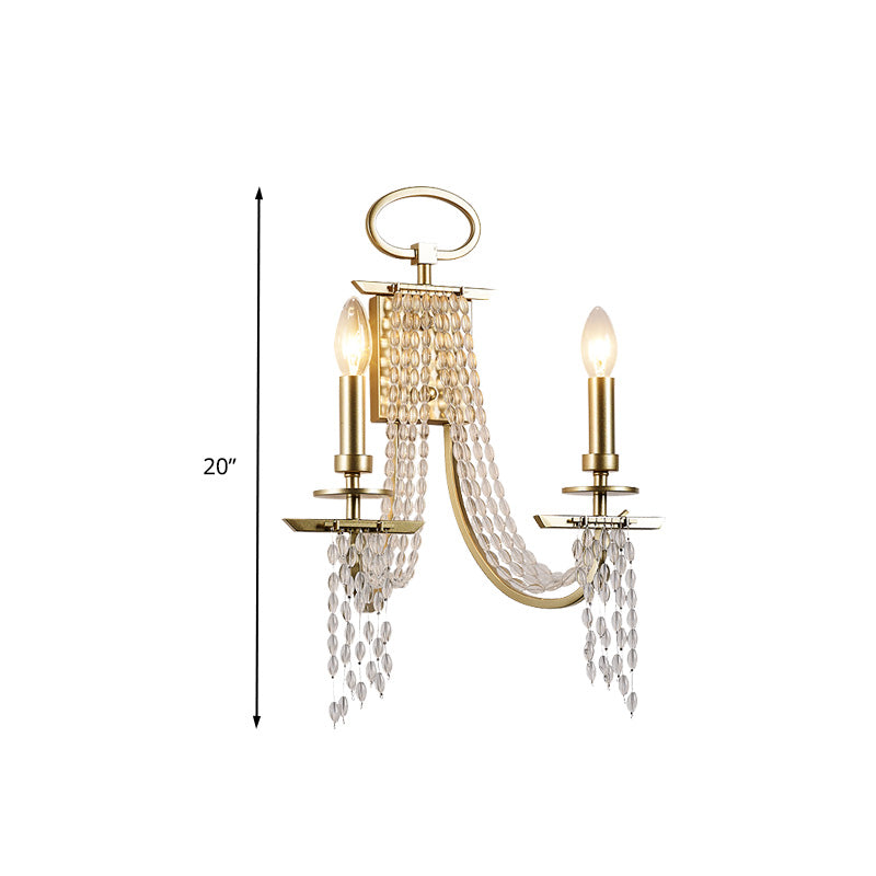 Rustic Candle Wall Mount Lamp 2 Lights Crystal Wall Sconce Lighting in Gold for Dining Room Clearhalo 'Wall Lamps & Sconces' 'Wall Lights' Lighting' 316979