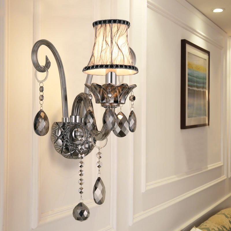 1/2-Head Fabric Wall Sconce Traditionalist Chrome Bell Bedroom Wall Mounted Light with Crystal Draping 1.0 Chrome Clearhalo 'Wall Lamps & Sconces' 'Wall Lights' Lighting' 316980