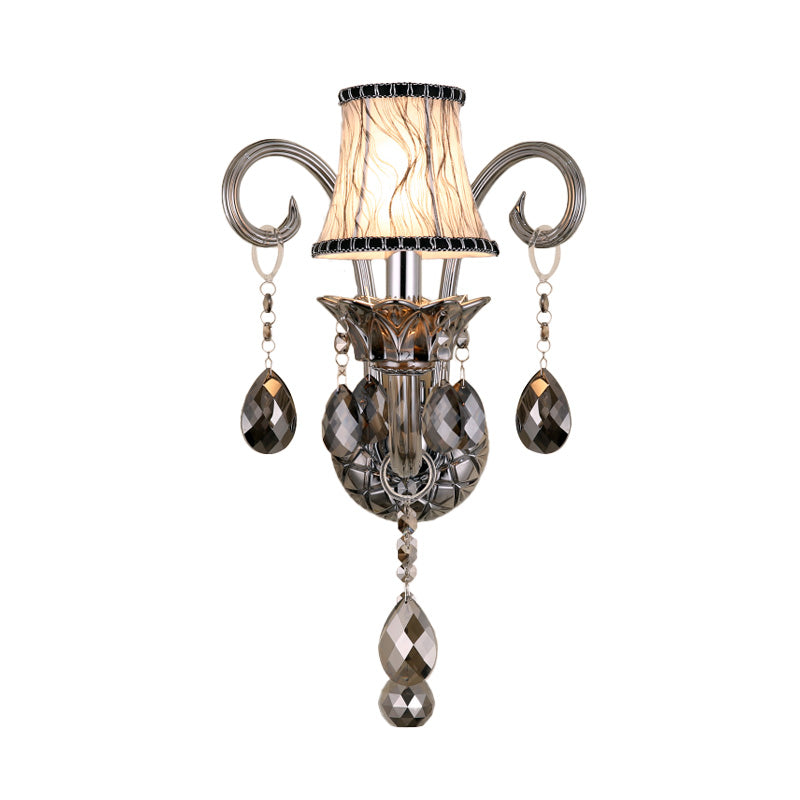 1/2-Head Fabric Wall Sconce Traditionalist Chrome Bell Bedroom Wall Mounted Light with Crystal Draping Clearhalo 'Wall Lamps & Sconces' 'Wall Lights' Lighting' 316983