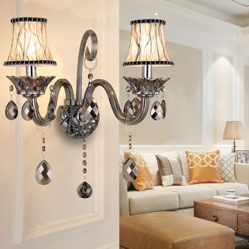 1/2-Head Fabric Wall Sconce Traditionalist Chrome Bell Bedroom Wall Mounted Light with Crystal Draping 2.0 Chrome Clearhalo 'Wall Lamps & Sconces' 'Wall Lights' Lighting' 316985