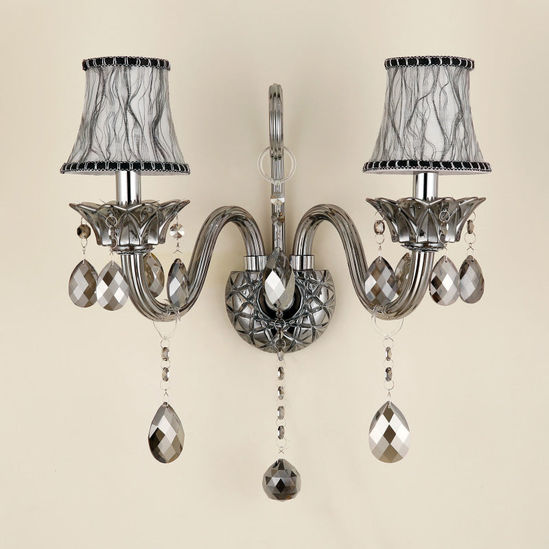 1/2-Head Fabric Wall Sconce Traditionalist Chrome Bell Bedroom Wall Mounted Light with Crystal Draping Clearhalo 'Wall Lamps & Sconces' 'Wall Lights' Lighting' 316987