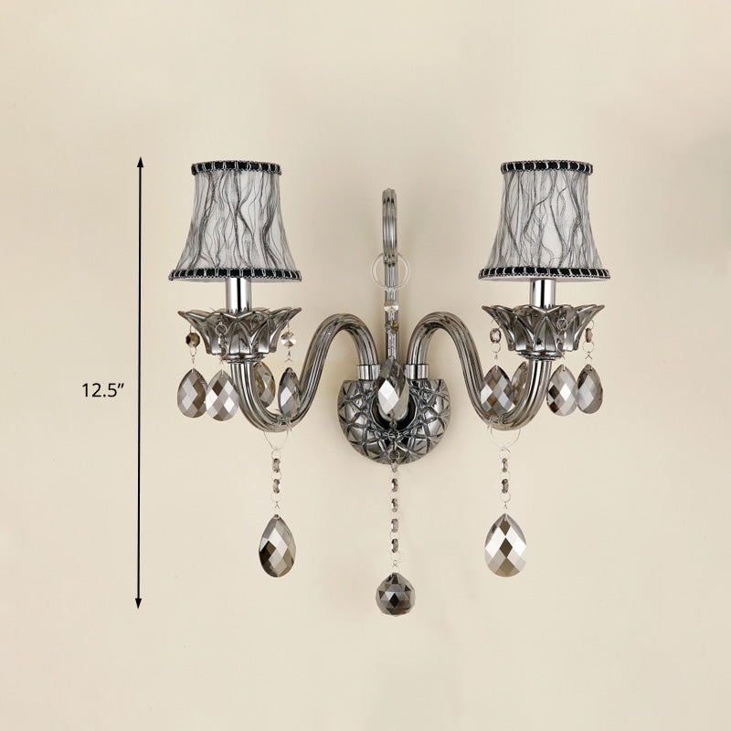 1/2-Head Fabric Wall Sconce Traditionalist Chrome Bell Bedroom Wall Mounted Light with Crystal Draping Clearhalo 'Wall Lamps & Sconces' 'Wall Lights' Lighting' 316988