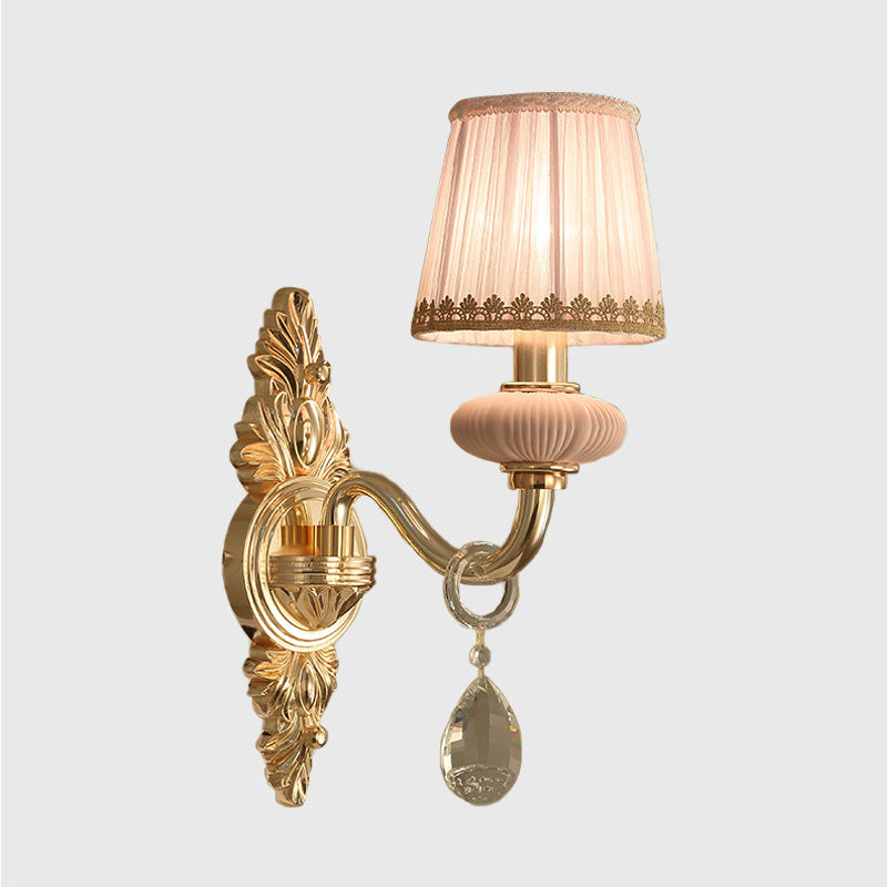 Barrel Bedroom Wall Light Sconce Traditional Fabric 1/2 Heads Pink/Blue Wall Lighting Fixture with Crystal Accent Clearhalo 'Wall Lamps & Sconces' 'Wall Lights' Lighting' 317010