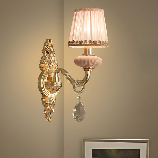 Barrel Bedroom Wall Light Sconce Traditional Fabric 1/2 Heads Pink/Blue Wall Lighting Fixture with Crystal Accent Clearhalo 'Wall Lamps & Sconces' 'Wall Lights' Lighting' 317011