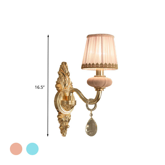 Barrel Bedroom Wall Light Sconce Traditional Fabric 1/2 Heads Pink/Blue Wall Lighting Fixture with Crystal Accent Clearhalo 'Wall Lamps & Sconces' 'Wall Lights' Lighting' 317014