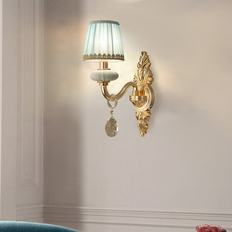 Barrel Bedroom Wall Light Sconce Traditional Fabric 1/2 Heads Pink/Blue Wall Lighting Fixture with Crystal Accent 1.0 Blue Clearhalo 'Wall Lamps & Sconces' 'Wall Lights' Lighting' 317015