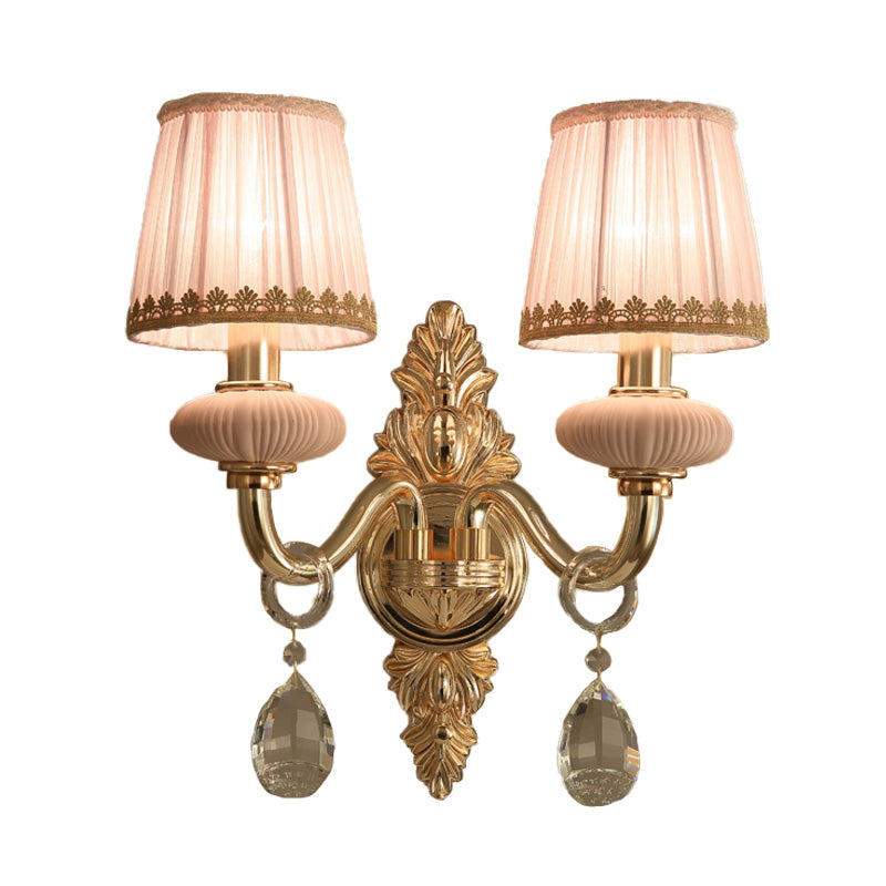 Barrel Bedroom Wall Light Sconce Traditional Fabric 1/2 Heads Pink/Blue Wall Lighting Fixture with Crystal Accent Clearhalo 'Wall Lamps & Sconces' 'Wall Lights' Lighting' 317018