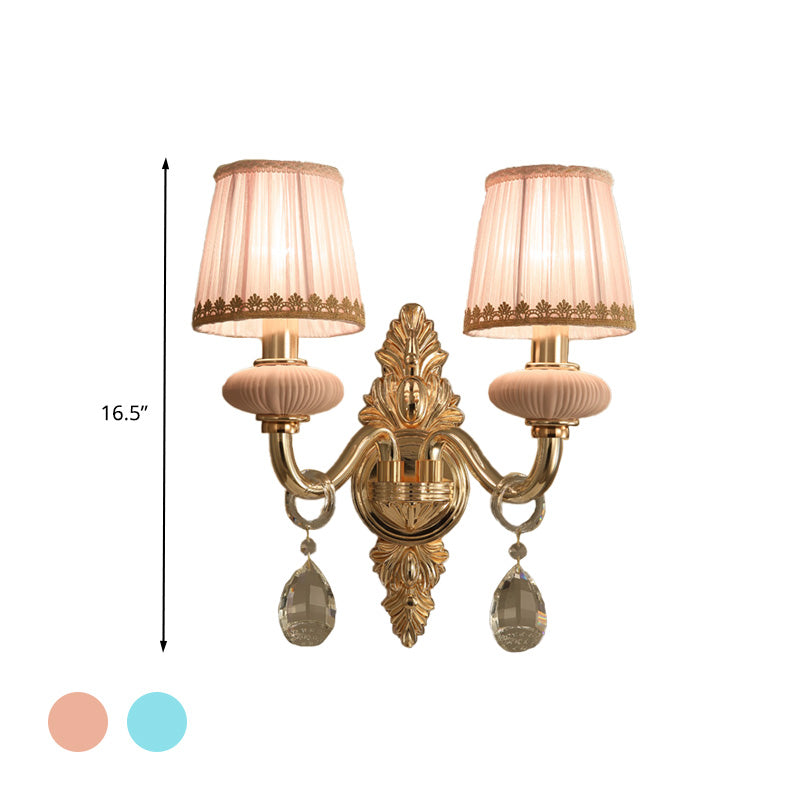 Barrel Bedroom Wall Light Sconce Traditional Fabric 1/2 Heads Pink/Blue Wall Lighting Fixture with Crystal Accent Clearhalo 'Wall Lamps & Sconces' 'Wall Lights' Lighting' 317019