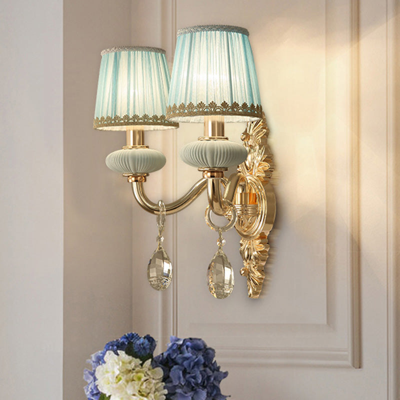 Barrel Bedroom Wall Light Sconce Traditional Fabric 1/2 Heads Pink/Blue Wall Lighting Fixture with Crystal Accent 2.0 Blue Clearhalo 'Wall Lamps & Sconces' 'Wall Lights' Lighting' 317020