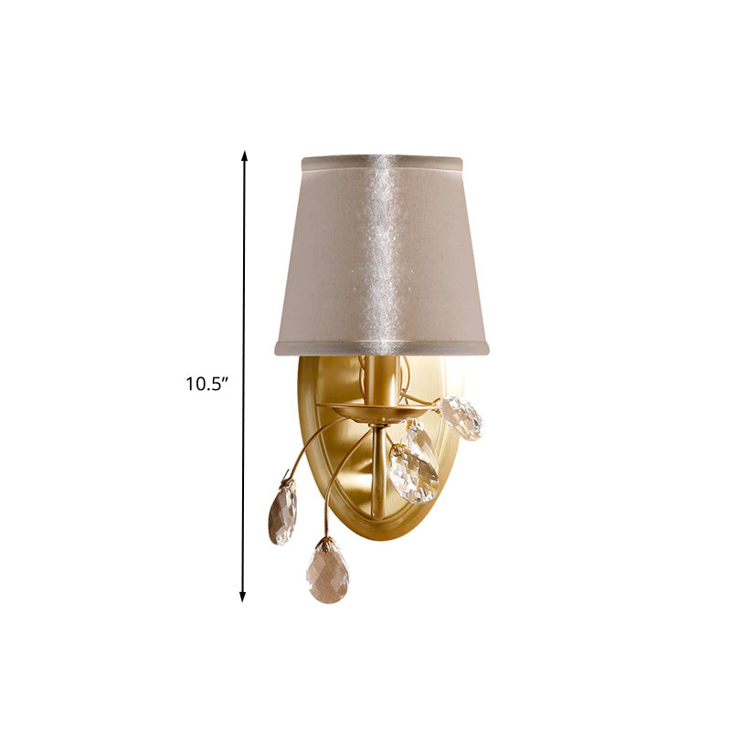 Conical Bedroom Wall Light Sconce Traditional Faceted Crystal 1 Head Brass Wall Lighting Fixture with White Fabric Shade Clearhalo 'Wall Lamps & Sconces' 'Wall Lights' Lighting' 317026