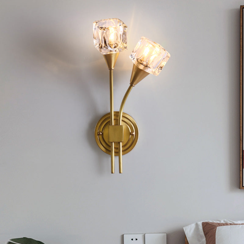 Gold Cube Wall Sconce Lighting Contemporary 2 Lights Clear Crystal LED Wall Light Fixture for Living Room Gold Clearhalo 'Modern wall lights' 'Modern' 'Wall Lamps & Sconces' 'Wall Lights' Lighting' 317080