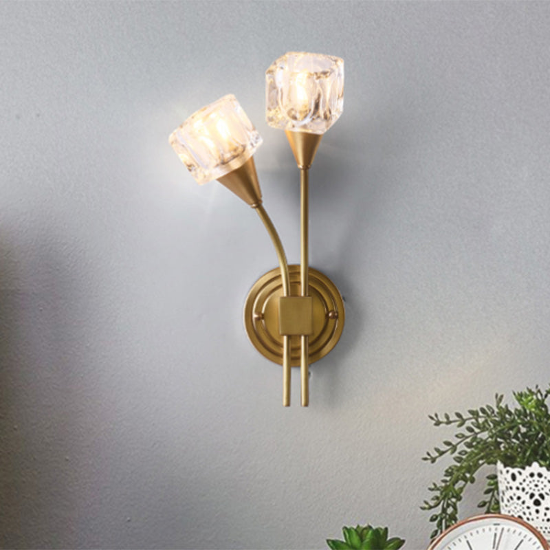 Gold Cube Wall Sconce Lighting Contemporary 2 Lights Clear Crystal LED Wall Light Fixture for Living Room Clearhalo 'Modern wall lights' 'Modern' 'Wall Lamps & Sconces' 'Wall Lights' Lighting' 317081