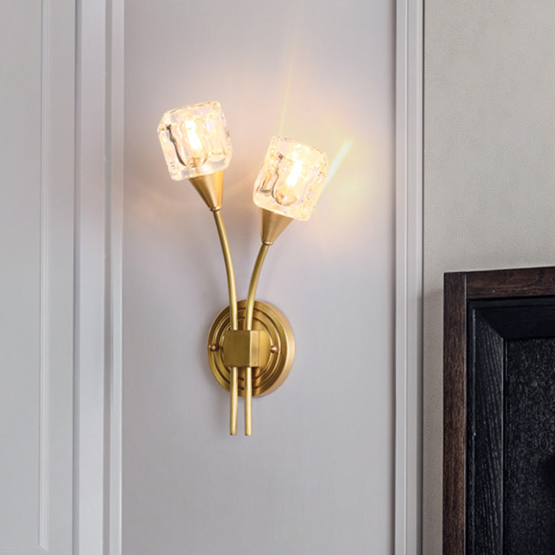 Gold Cube Wall Sconce Lighting Contemporary 2 Lights Clear Crystal LED Wall Light Fixture for Living Room Clearhalo 'Modern wall lights' 'Modern' 'Wall Lamps & Sconces' 'Wall Lights' Lighting' 317082