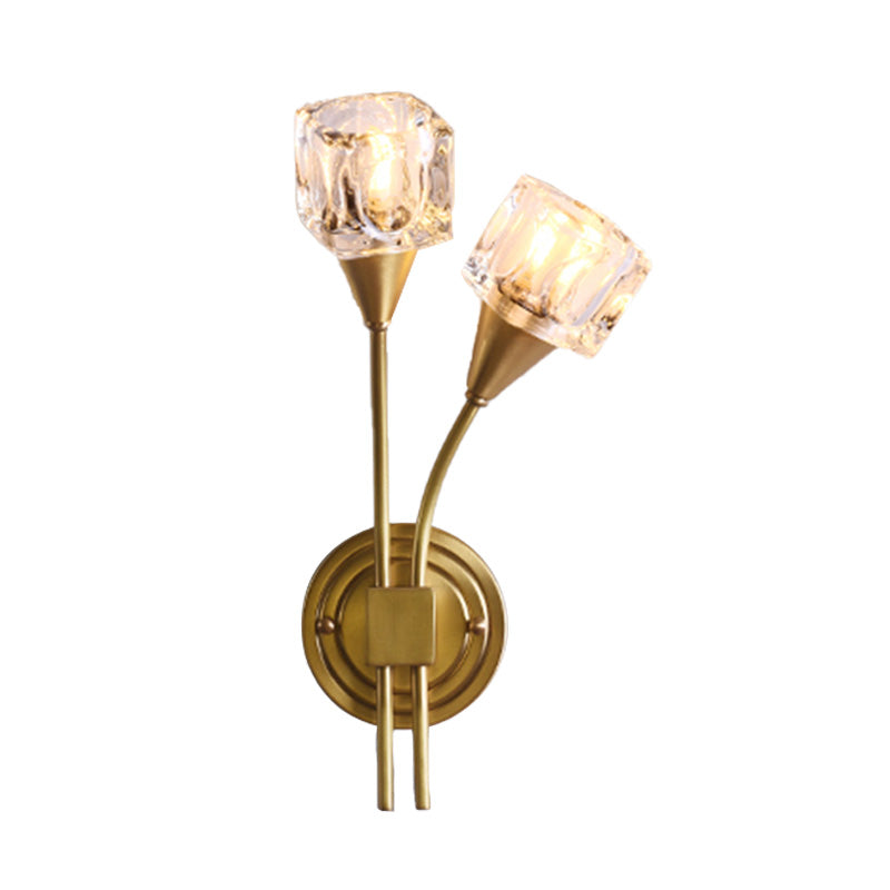 Gold Cube Wall Sconce Lighting Contemporary 2 Lights Clear Crystal LED Wall Light Fixture for Living Room Clearhalo 'Modern wall lights' 'Modern' 'Wall Lamps & Sconces' 'Wall Lights' Lighting' 317083