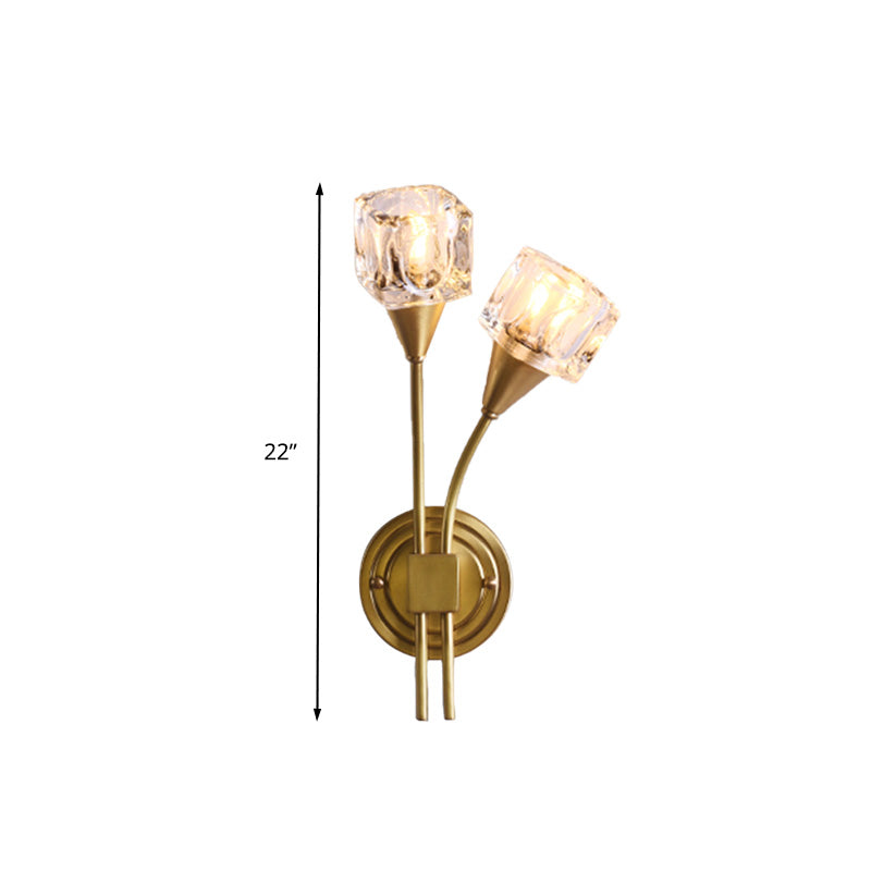 Gold Cube Wall Sconce Lighting Contemporary 2 Lights Clear Crystal LED Wall Light Fixture for Living Room Clearhalo 'Modern wall lights' 'Modern' 'Wall Lamps & Sconces' 'Wall Lights' Lighting' 317084