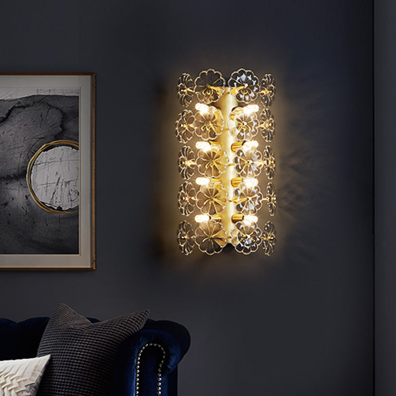 Minimalist 3 Bulbs Sconce Light Gold Floral Wall Mount Lighting with Crystal Shade for Bedroom Gold Clearhalo 'Modern wall lights' 'Modern' 'Wall Lamps & Sconces' 'Wall Lights' Lighting' 317092