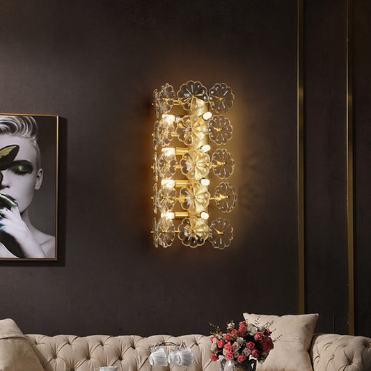 Minimalist 3 Bulbs Sconce Light Gold Floral Wall Mount Lighting with Crystal Shade for Bedroom Clearhalo 'Modern wall lights' 'Modern' 'Wall Lamps & Sconces' 'Wall Lights' Lighting' 317093