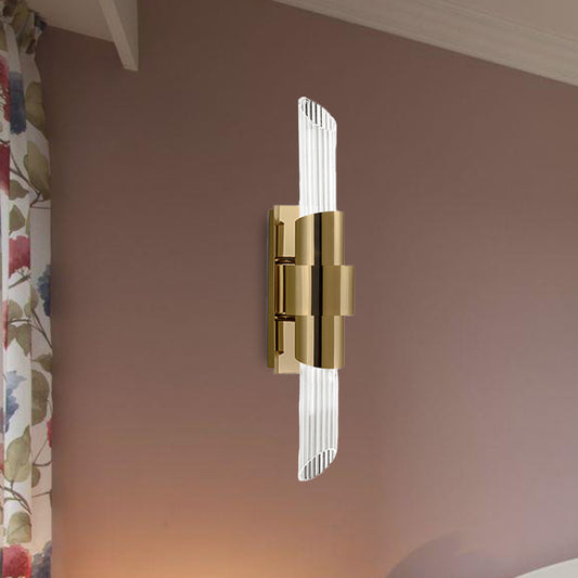 2 Lights Bedroom Wall Lamp Modern Gold Wall Mount Light with Tube Prismatic Crystal Shade Gold Clearhalo 'Cast Iron' 'Glass' 'Industrial' 'Modern wall lights' 'Modern' 'Tiffany' 'Traditional wall lights' 'Wall Lamps & Sconces' 'Wall Lights' Lighting' 317105