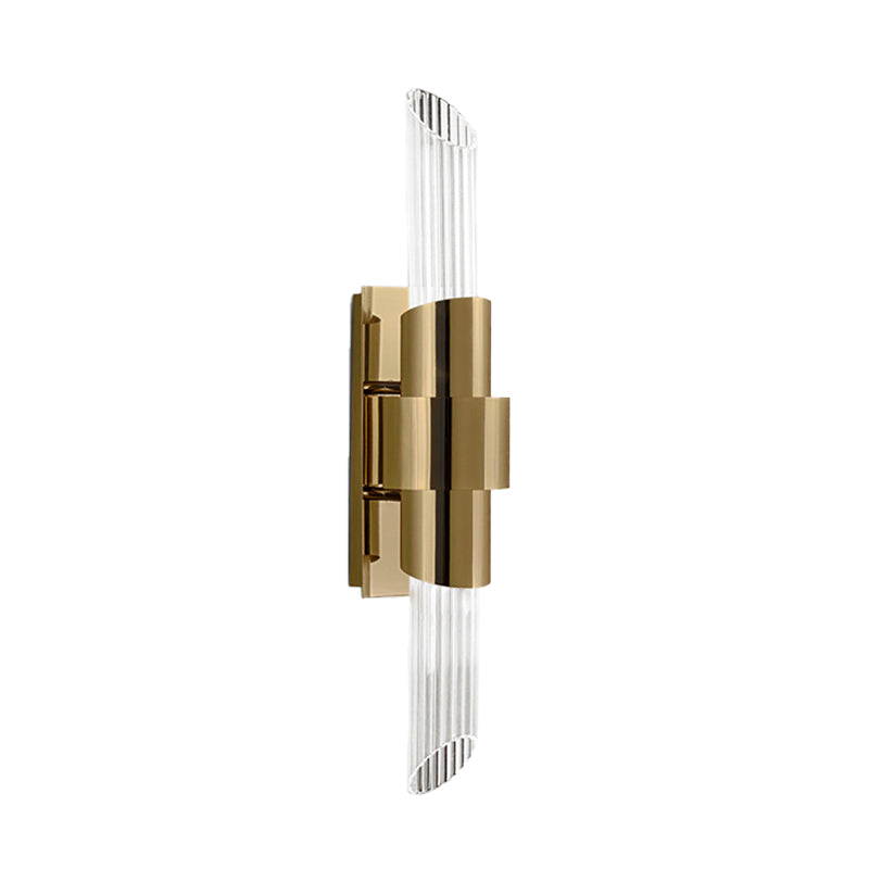 2 Lights Bedroom Wall Lamp Modern Gold Wall Mount Light with Tube Prismatic Crystal Shade Clearhalo 'Cast Iron' 'Glass' 'Industrial' 'Modern wall lights' 'Modern' 'Tiffany' 'Traditional wall lights' 'Wall Lamps & Sconces' 'Wall Lights' Lighting' 317108