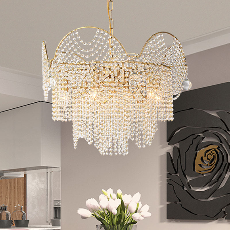 7 Lights Chandelier Lighting Rural Layered Crystal Hanging Pendant Light in Gold for Living Room Clearhalo 'Ceiling Lights' 'Chandeliers' Lighting' options 317111