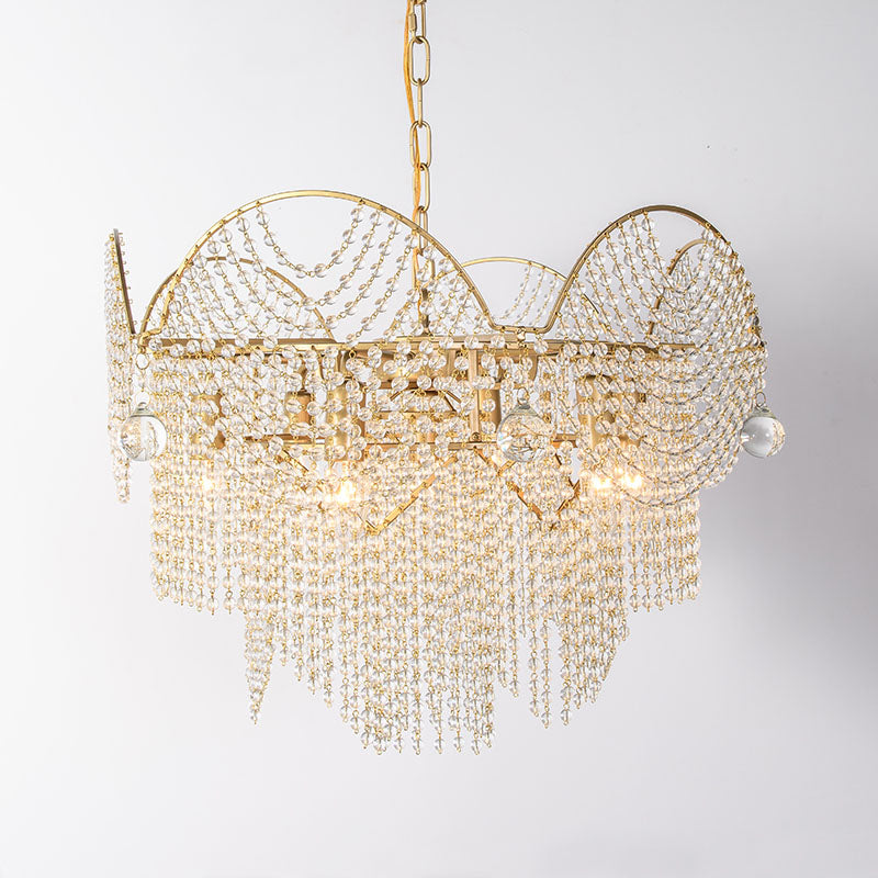 7 Lights Chandelier Lighting Rural Layered Crystal Hanging Pendant Light in Gold for Living Room Clearhalo 'Ceiling Lights' 'Chandeliers' Lighting' options 317112