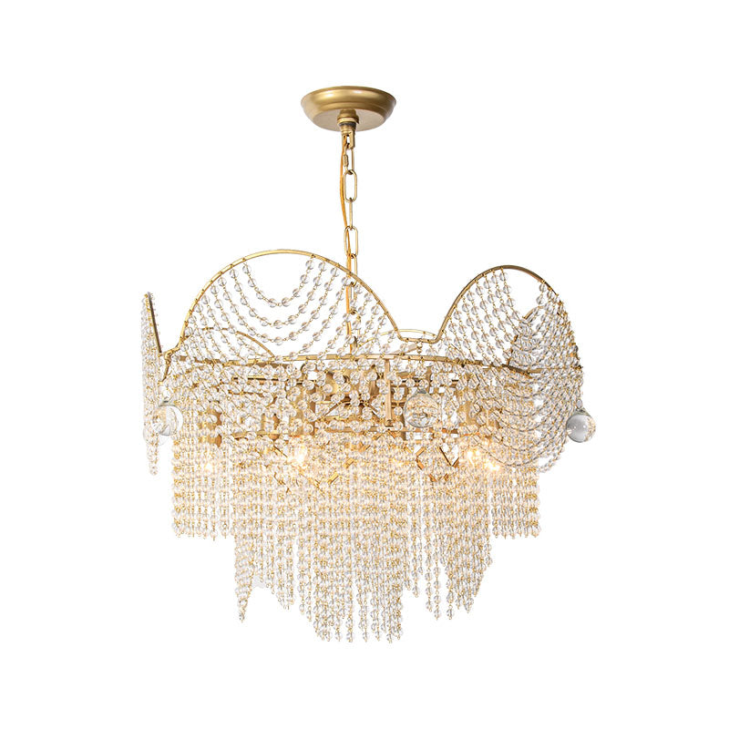 7 Lights Chandelier Lighting Rural Layered Crystal Hanging Pendant Light in Gold for Living Room Clearhalo 'Ceiling Lights' 'Chandeliers' Lighting' options 317113