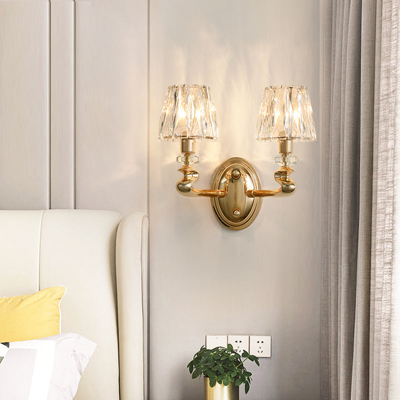 1/2 Lights Conical Wall Sconce Lighting Modernist Gold K9 Crystal Wall Light Fixture for Bedroom 2.0 Gold Clearhalo 'Modern wall lights' 'Modern' 'Wall Lamps & Sconces' 'Wall Lights' Lighting' 317130