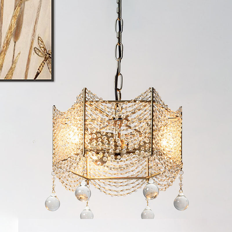 Beaded Crystal Chandelier Traditional 4/6 Lights Dining Room Pendant Lighting Fixture in Brass Clearhalo 'Ceiling Lights' 'Chandeliers' Lighting' options 317156
