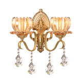 Gold 1/2 Bulbs Wall Lamp Retro Amber Glass Blossom Wall Mount Light with Clear Crystal Drop for Living Room Clearhalo 'Wall Lamps & Sconces' 'Wall Lights' Lighting' 317199