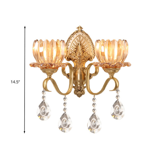 Gold 1/2 Bulbs Wall Lamp Retro Amber Glass Blossom Wall Mount Light with Clear Crystal Drop for Living Room Clearhalo 'Wall Lamps & Sconces' 'Wall Lights' Lighting' 317200