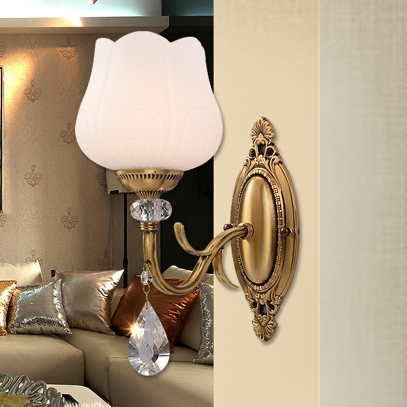 Crystal Prism Blossom Wall Mounted Lamp Traditionalism 1/2 Bulbs Bedroom Sconce Light Fixture in Gold 1.0 Gold Clearhalo 'Wall Lamps & Sconces' 'Wall Lights' Lighting' 317211