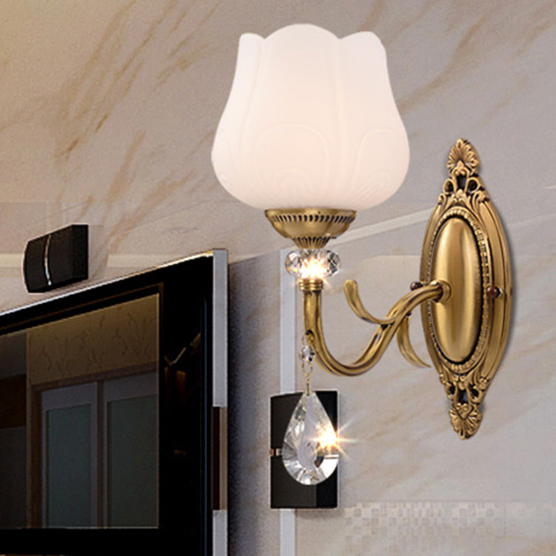 Crystal Prism Blossom Wall Mounted Lamp Traditionalism 1/2 Bulbs Bedroom Sconce Light Fixture in Gold Clearhalo 'Wall Lamps & Sconces' 'Wall Lights' Lighting' 317212