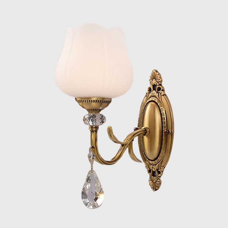 Crystal Prism Blossom Wall Mounted Lamp Traditionalism 1/2 Bulbs Bedroom Sconce Light Fixture in Gold Clearhalo 'Wall Lamps & Sconces' 'Wall Lights' Lighting' 317214