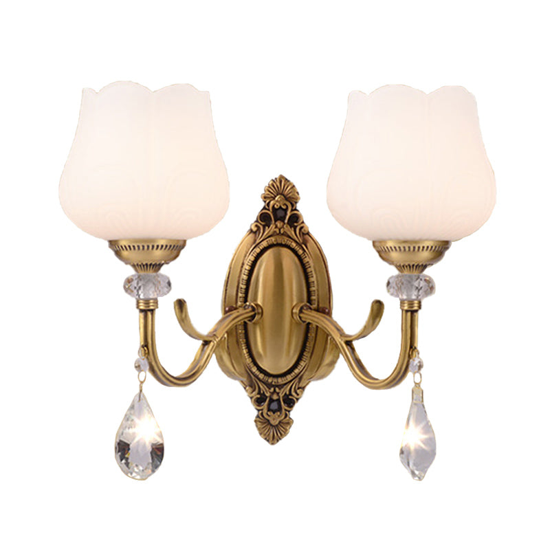 Crystal Prism Blossom Wall Mounted Lamp Traditionalism 1/2 Bulbs Bedroom Sconce Light Fixture in Gold Clearhalo 'Wall Lamps & Sconces' 'Wall Lights' Lighting' 317217