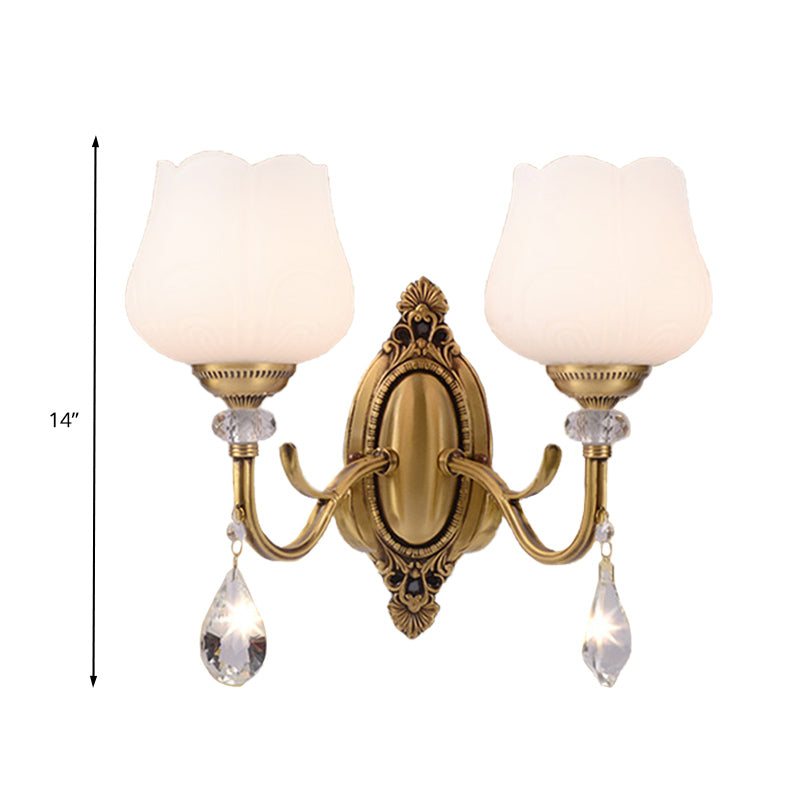 Crystal Prism Blossom Wall Mounted Lamp Traditionalism 1/2 Bulbs Bedroom Sconce Light Fixture in Gold Clearhalo 'Wall Lamps & Sconces' 'Wall Lights' Lighting' 317218