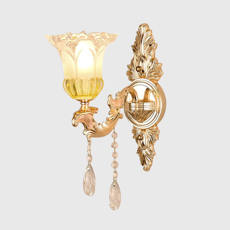 1/2 Heads Frosted Glass Wall Sconce Traditionalist Gold Flower Living Room Wall Mounted Light with Crystal Draping Clearhalo 'Wall Lamps & Sconces' 'Wall Lights' Lighting' 317247