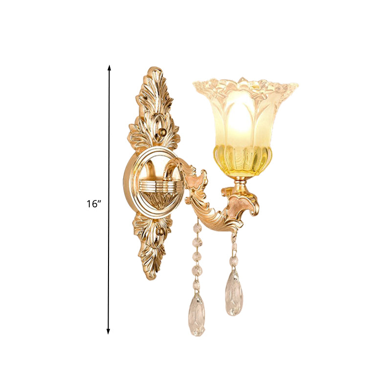 1/2 Heads Frosted Glass Wall Sconce Traditionalist Gold Flower Living Room Wall Mounted Light with Crystal Draping Clearhalo 'Wall Lamps & Sconces' 'Wall Lights' Lighting' 317251