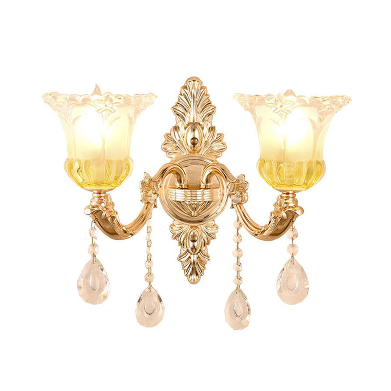 1/2 Heads Frosted Glass Wall Sconce Traditionalist Gold Flower Living Room Wall Mounted Light with Crystal Draping 2.0 Gold Clearhalo 'Wall Lamps & Sconces' 'Wall Lights' Lighting' 317252