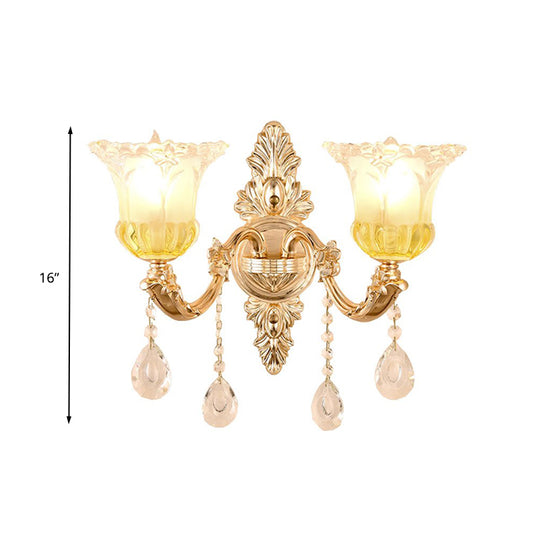 1/2 Heads Frosted Glass Wall Sconce Traditionalist Gold Flower Living Room Wall Mounted Light with Crystal Draping Clearhalo 'Wall Lamps & Sconces' 'Wall Lights' Lighting' 317253