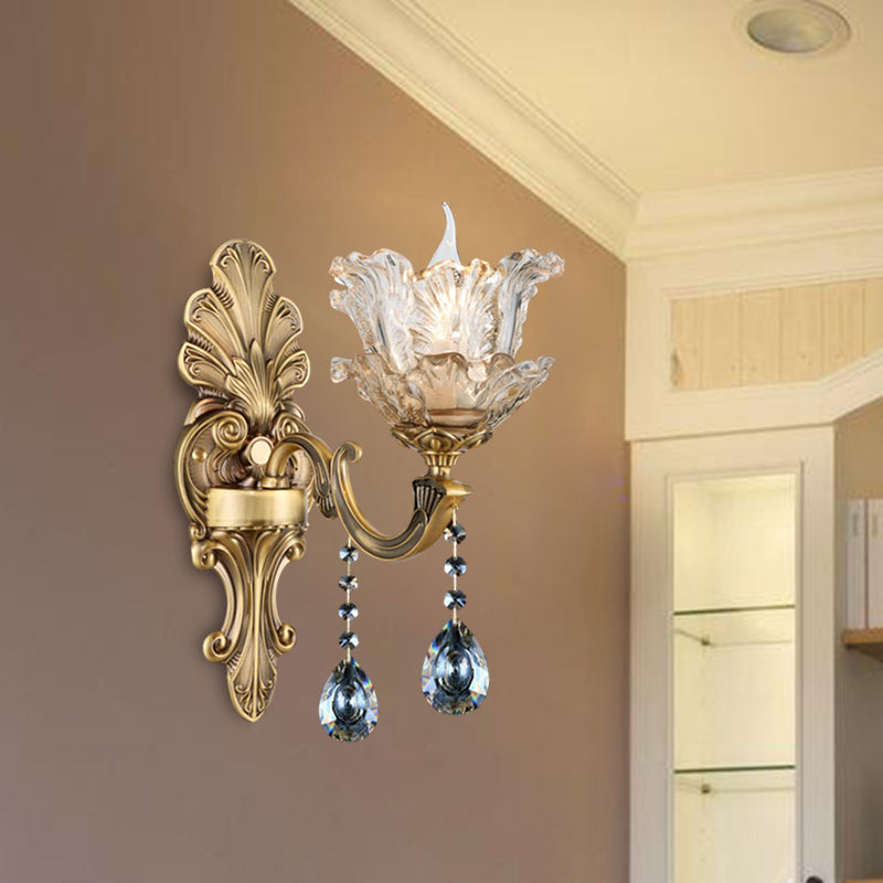 Brass Curved Arm Metal Sconce Retro Faceted Crystal 1/2 Lights Living Room Wall Sconce Lighting Clearhalo 'Wall Lamps & Sconces' 'Wall Lights' Lighting' 317261