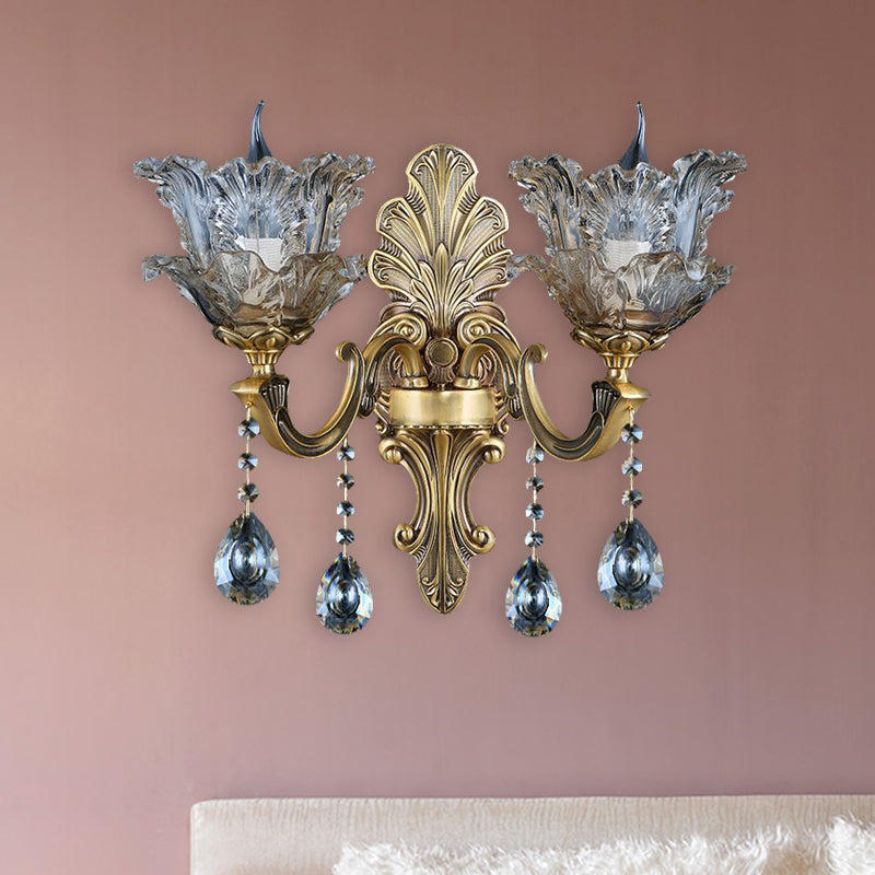 Brass Curved Arm Metal Sconce Retro Faceted Crystal 1/2 Lights Living Room Wall Sconce Lighting 2.0 Brass Clearhalo 'Wall Lamps & Sconces' 'Wall Lights' Lighting' 317264