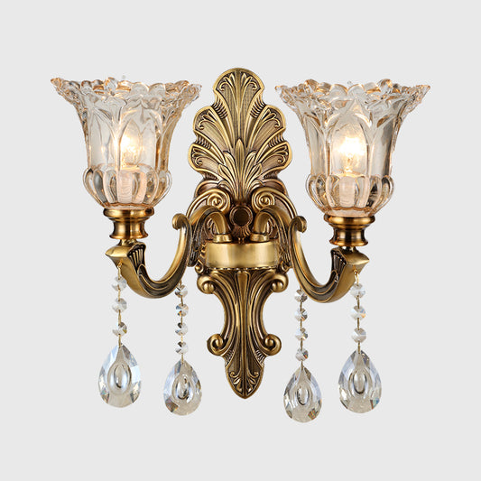 K9 Crystal Brass Wall Lighting Flower 1/2 Bulbs Traditional Wall Sconce Light with Clear Glass Shade Clearhalo 'Wall Lamps & Sconces' 'Wall Lights' Lighting' 317301