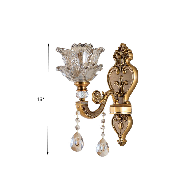 1/2 Bulbs Wall Light Sconce Traditional Living Room Wall Lighting Fixture with Blossom Water Glass Shade in Brass Clearhalo 'Wall Lamps & Sconces' 'Wall Lights' Lighting' 317334