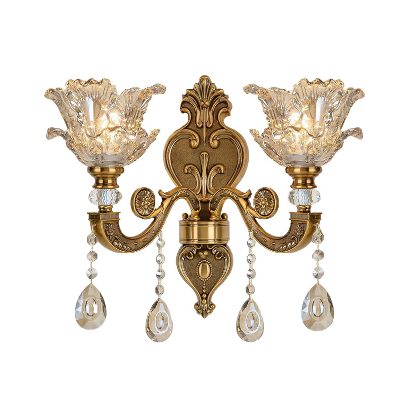 1/2 Bulbs Wall Light Sconce Traditional Living Room Wall Lighting Fixture with Blossom Water Glass Shade in Brass 2.0 Brass Clearhalo 'Wall Lamps & Sconces' 'Wall Lights' Lighting' 317335