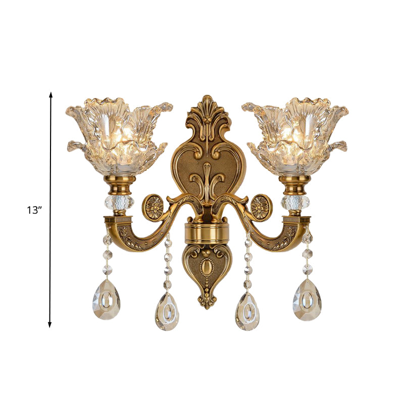 1/2 Bulbs Wall Light Sconce Traditional Living Room Wall Lighting Fixture with Blossom Water Glass Shade in Brass Clearhalo 'Wall Lamps & Sconces' 'Wall Lights' Lighting' 317336