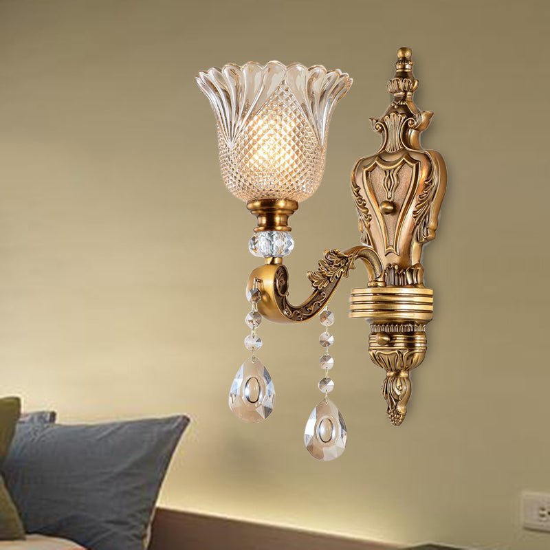 Bell Bedroom Wall Light Sconce Vintage Beveled Crystal 1 Head Brass Wall Lighting Fixture Clearhalo 'Wall Lamps & Sconces' 'Wall Lights' Lighting' 317359